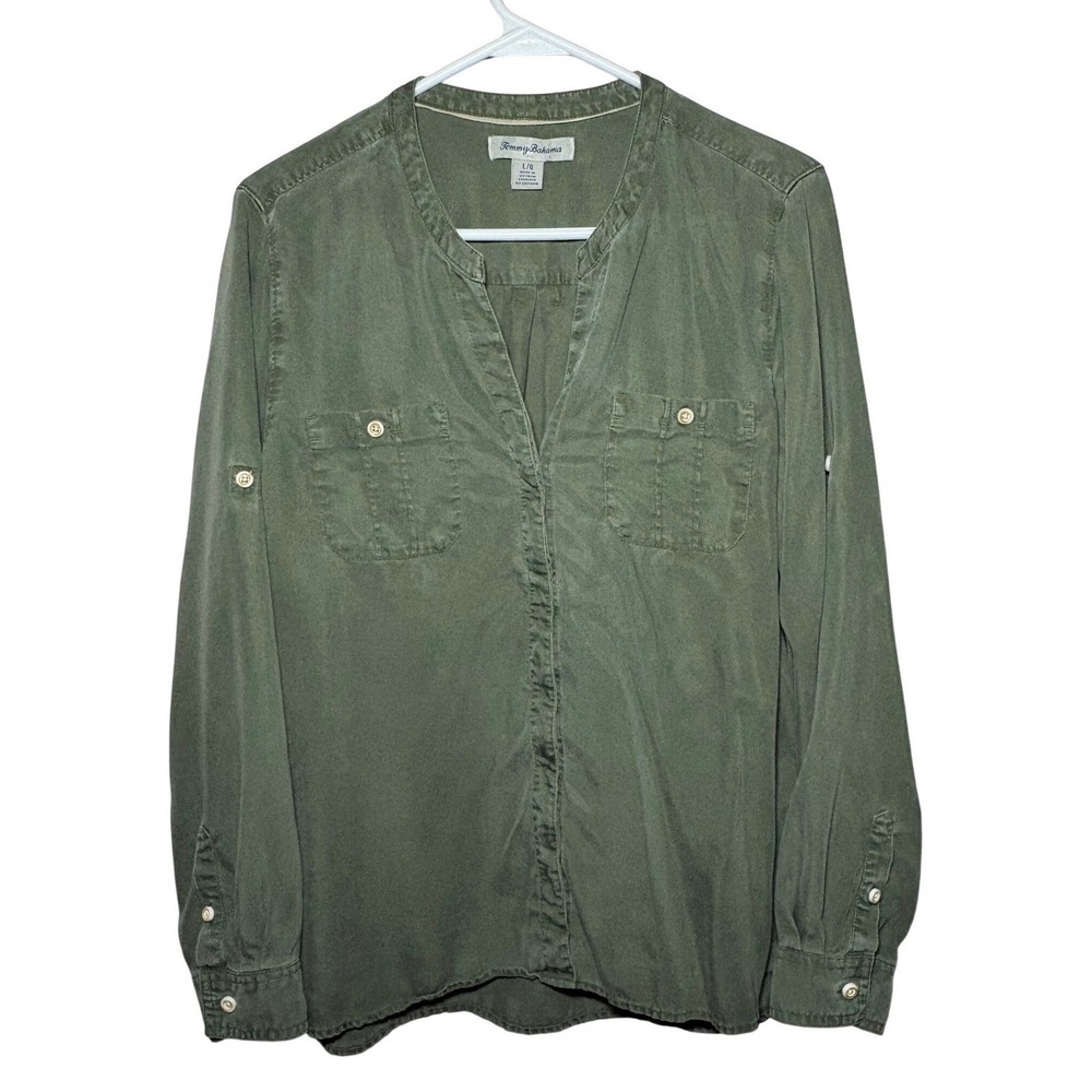Tommy Bahama Olive Green Collared Button-Front Utility Shirt Womens Large